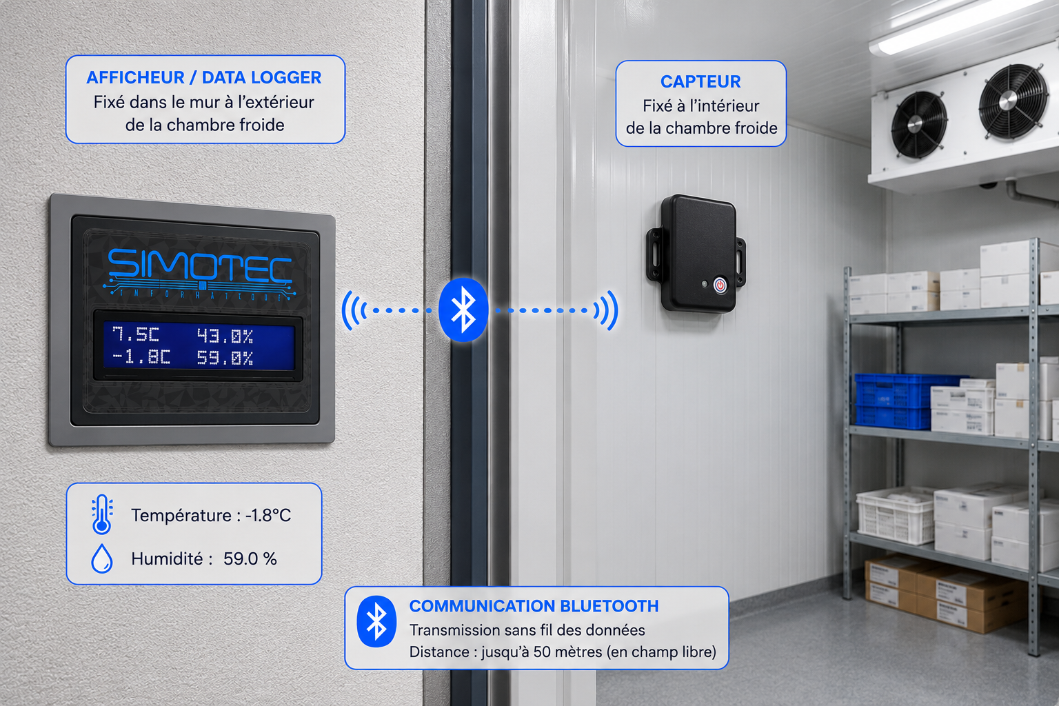 Enregistreur SIMOTEC extérieur et capteur Bluetooth dans une chambre froide